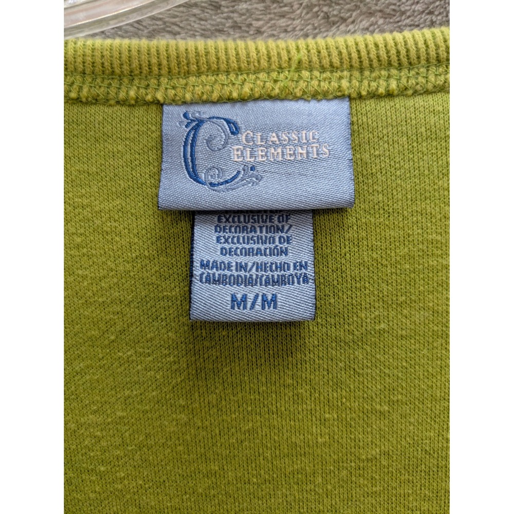 Minimalist Henley Pullover Womens Medium Green Vneck Floral Emboridered Casual - Picture 2 of 7
